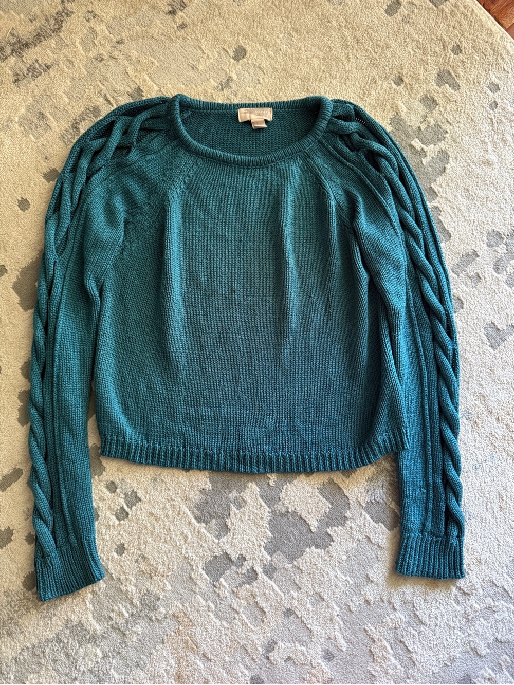 Forever 21 Contemporary Teal Crewneck Sweater with Braided Sleeve Detail